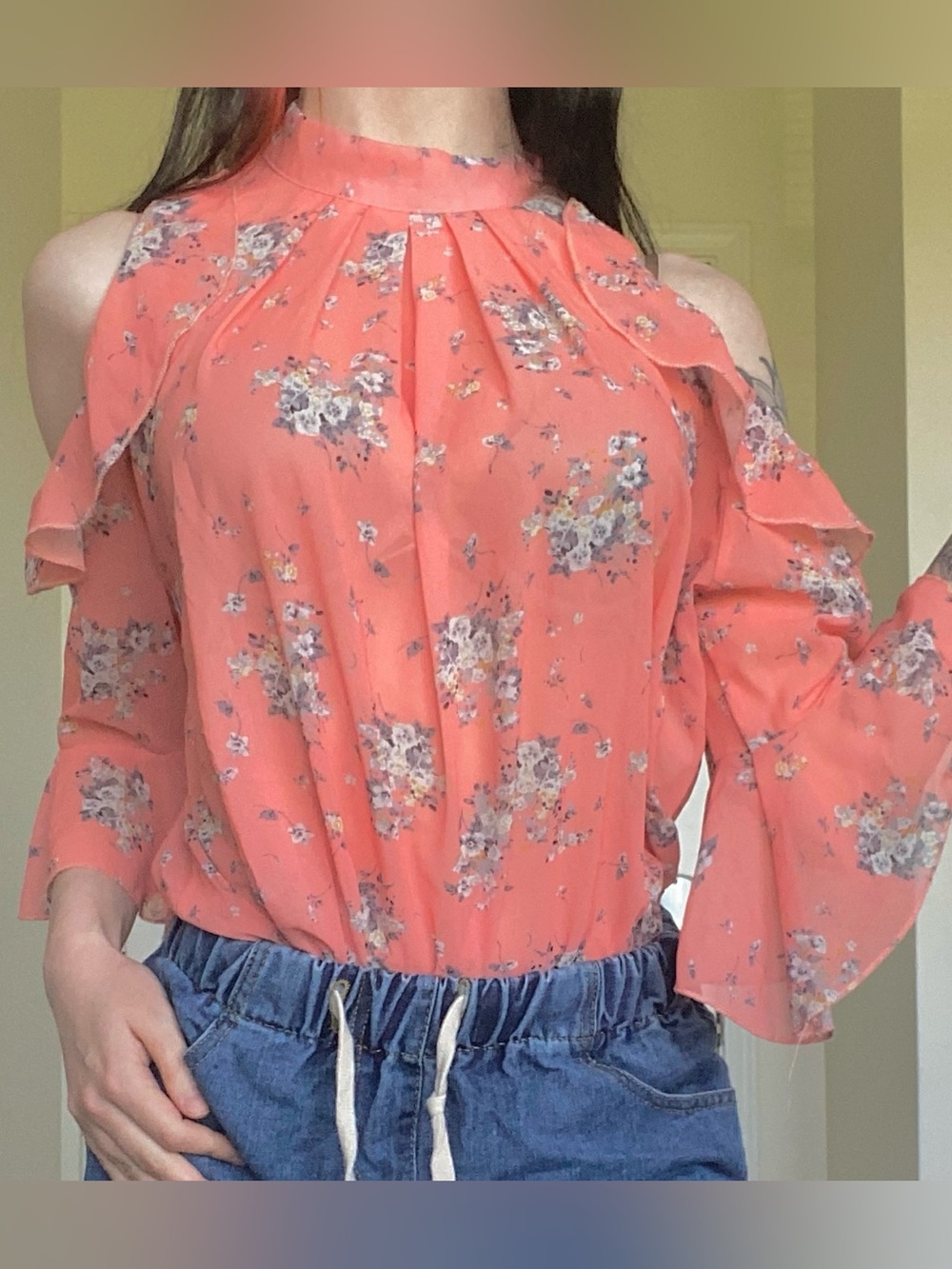 Forever 21 Coral Cold-Shoulder Floral Blouse
